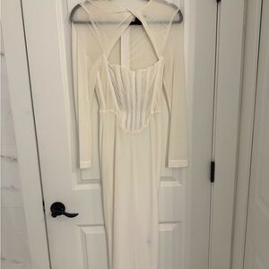 Bardot Cream Midi Dress with Sheer Sleeves